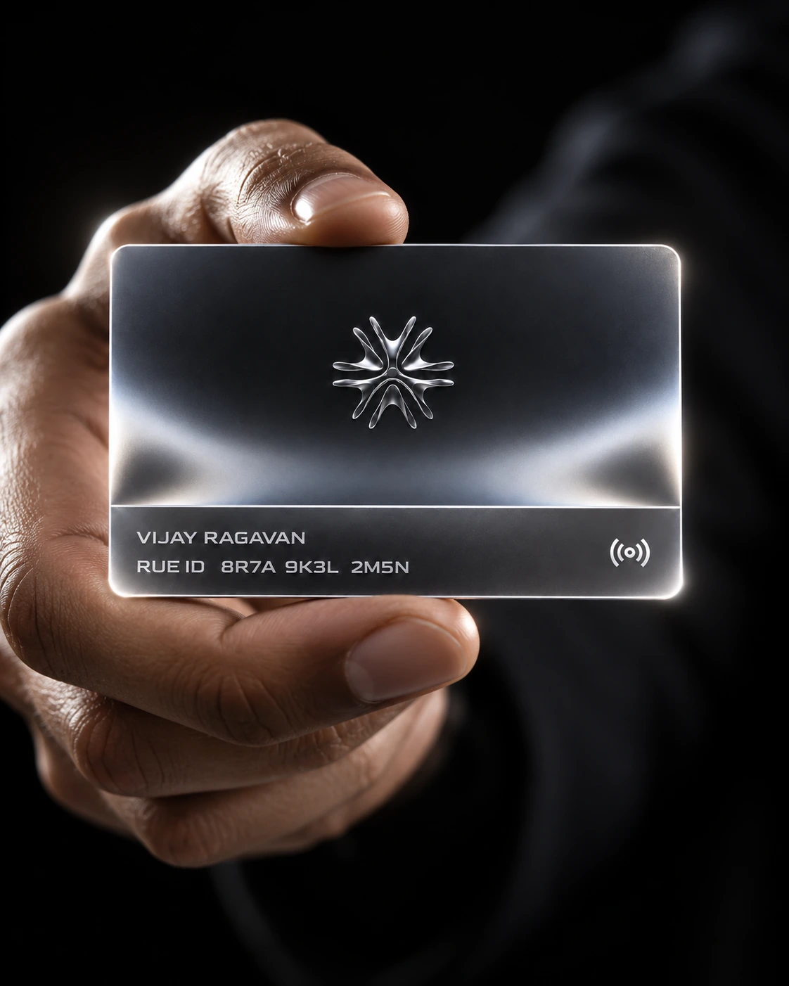 Close view of the RUE card held in a hand