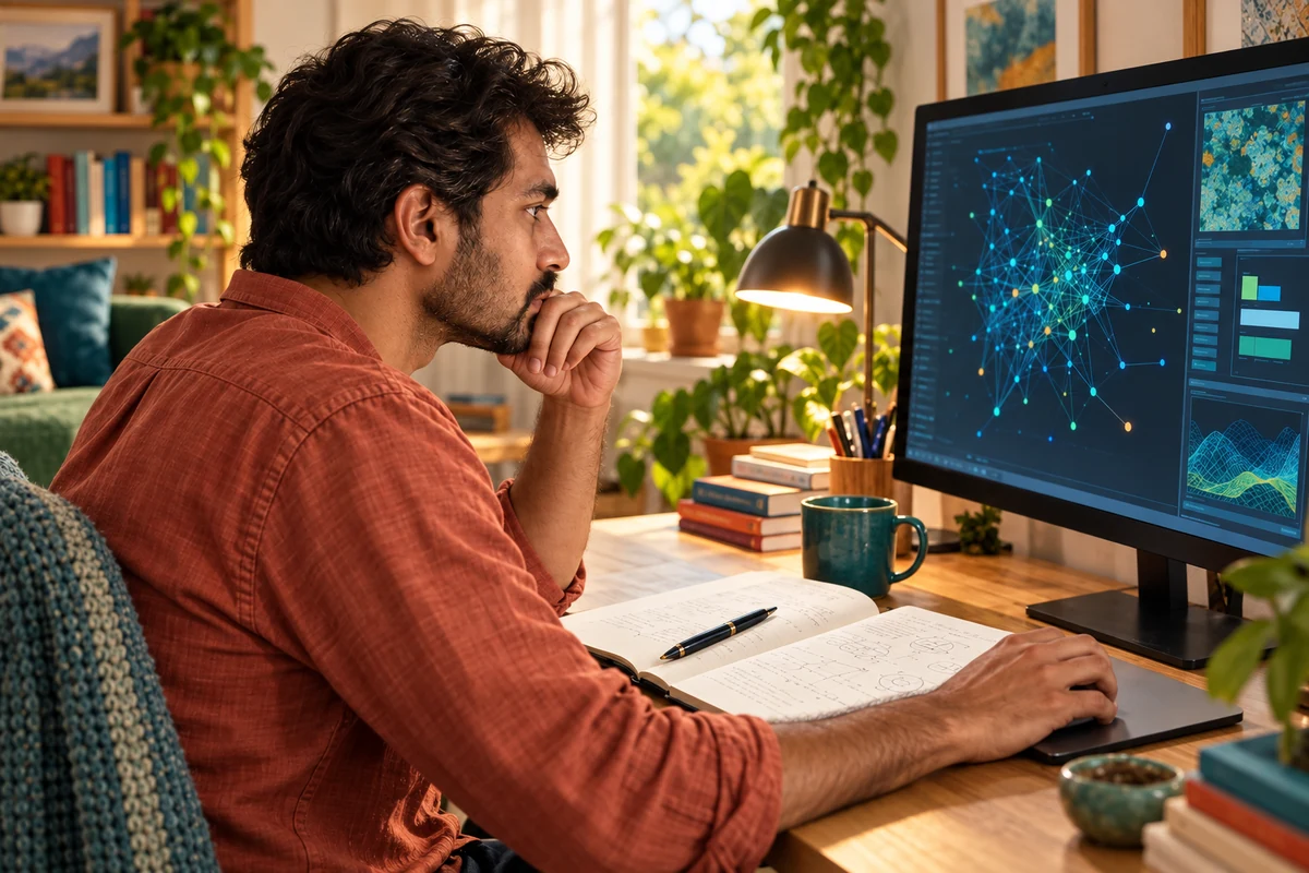 Concept scene of a researcher comparing notes with computer analysis in a warm home study.