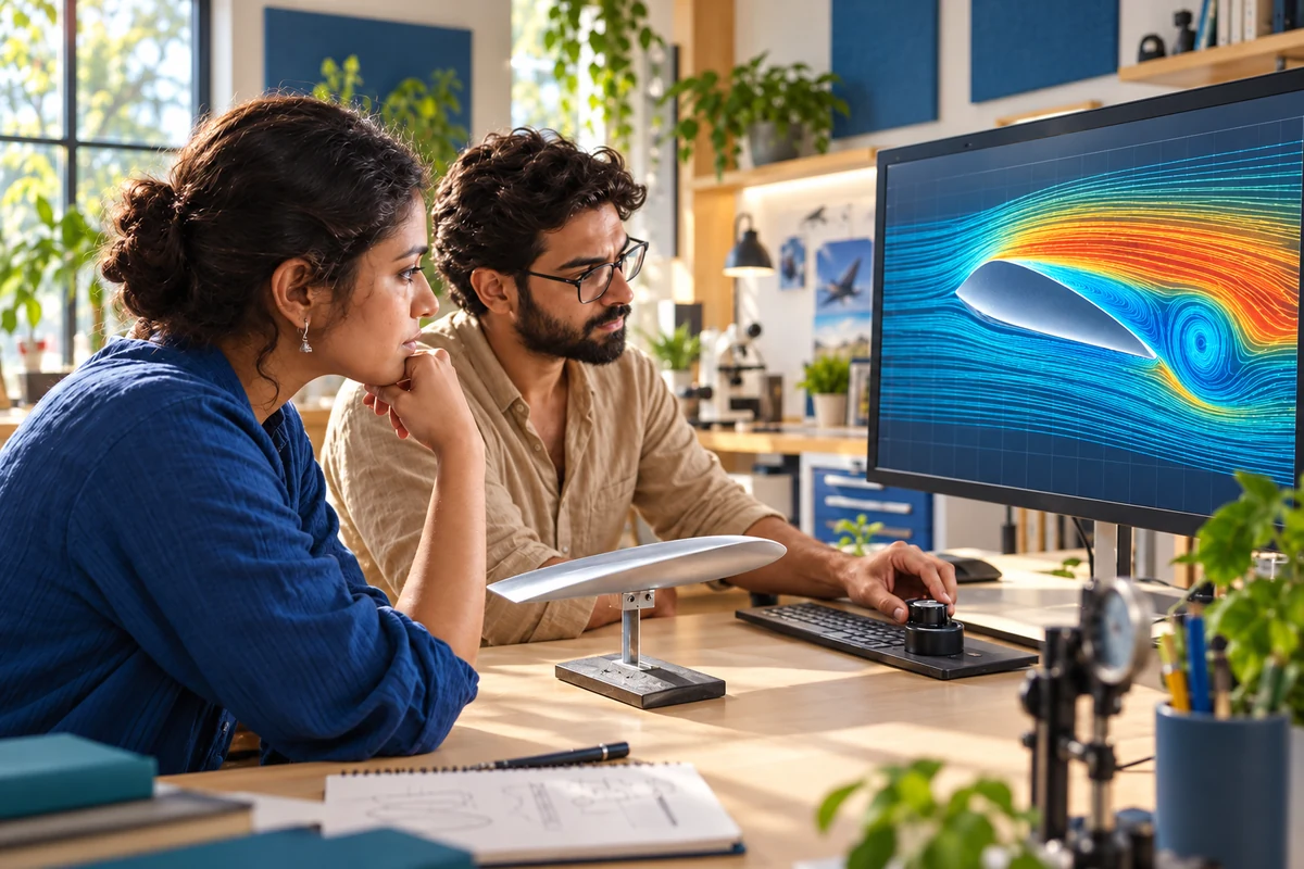 Concept scene of two researchers comparing an airflow simulation and wing model in a daylight research lab.